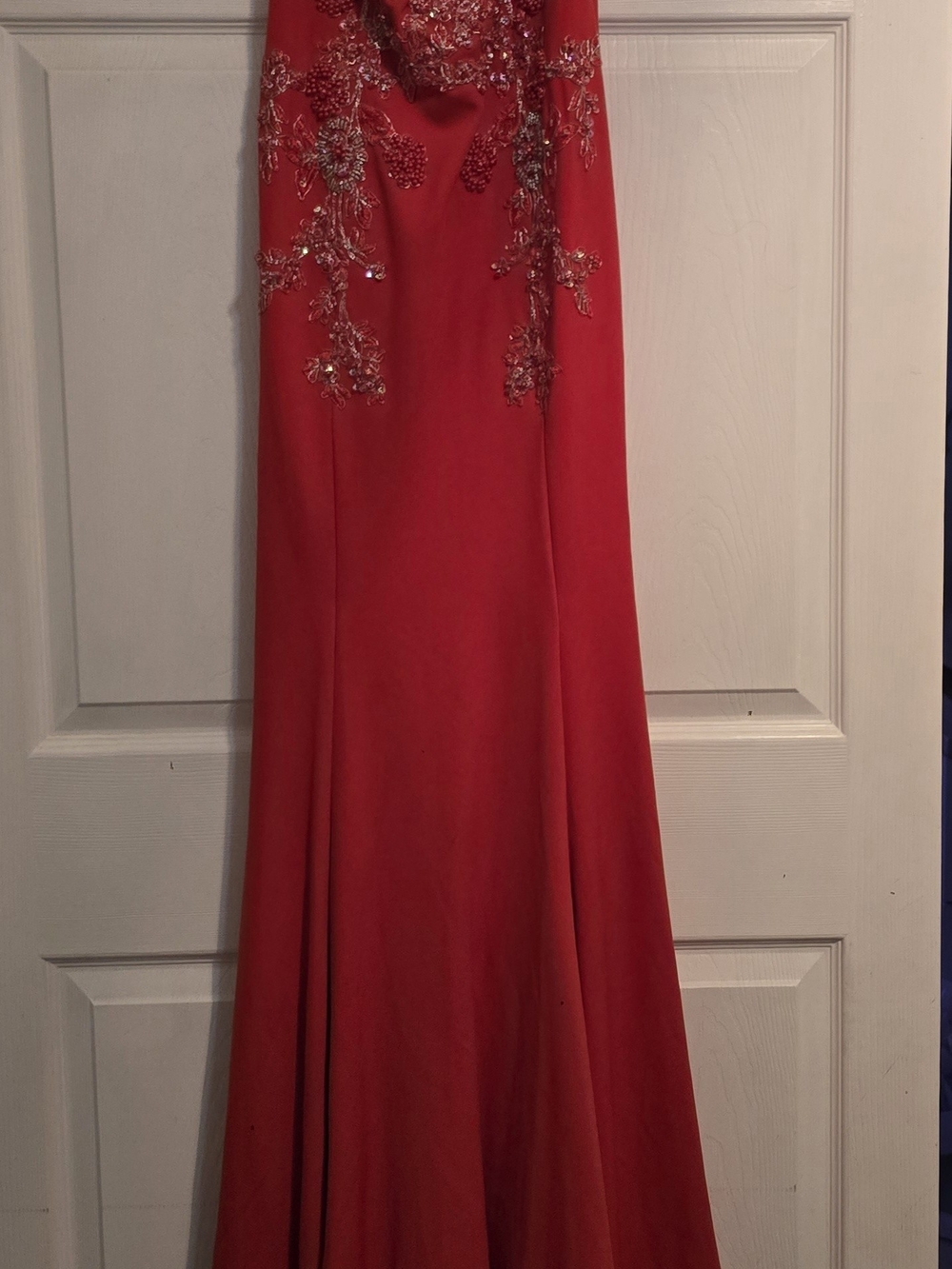 Strapless Red Evening Gown with Embellished Detail